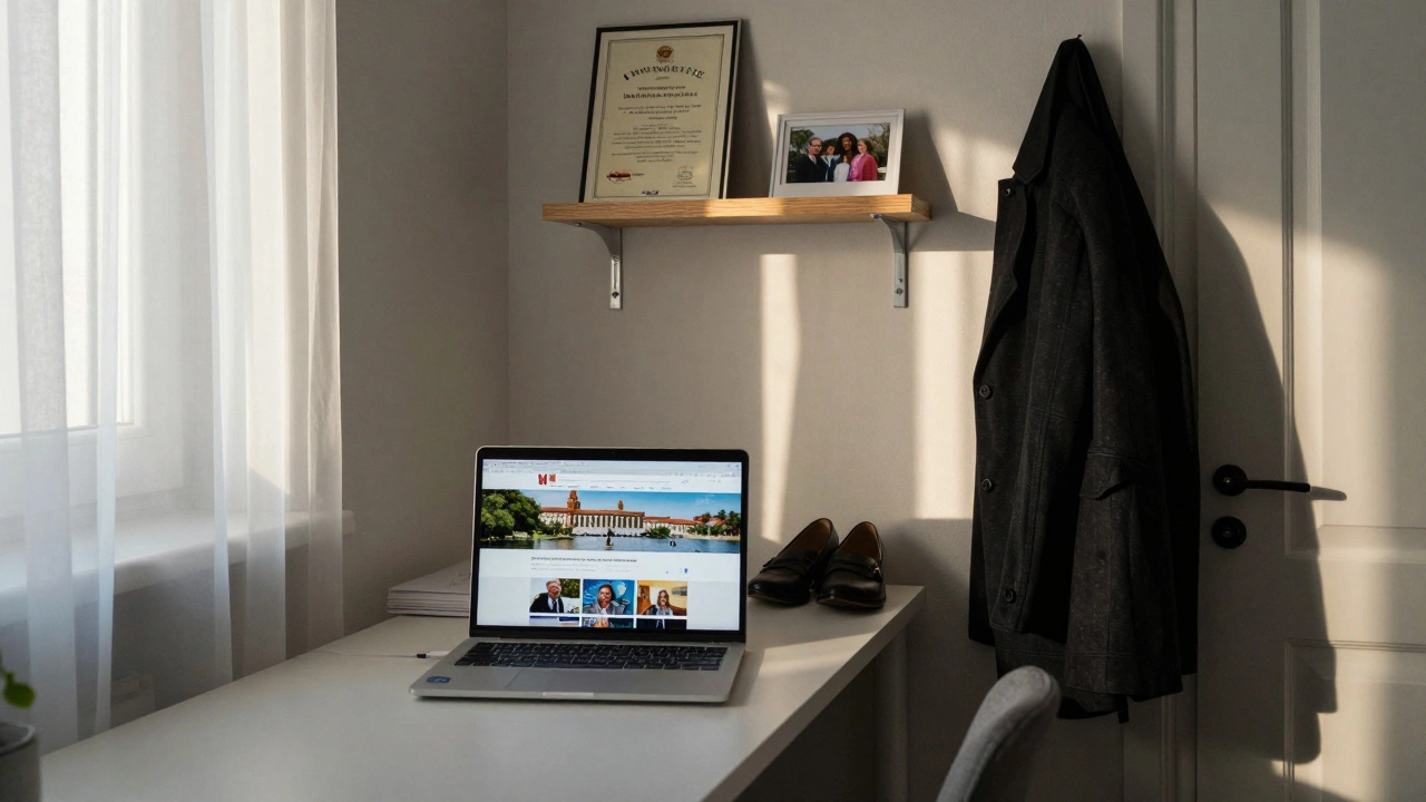 A modest Berlin apartment with university diplomas on a shelf, a laptop open to a travel site, and morning light filtering through curtains.
