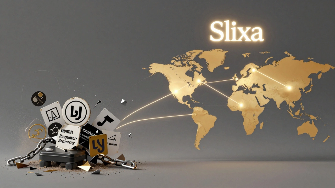 Crumbling old platforms vs. rising Slixa logo over global map, symbolizing creator empowerment.