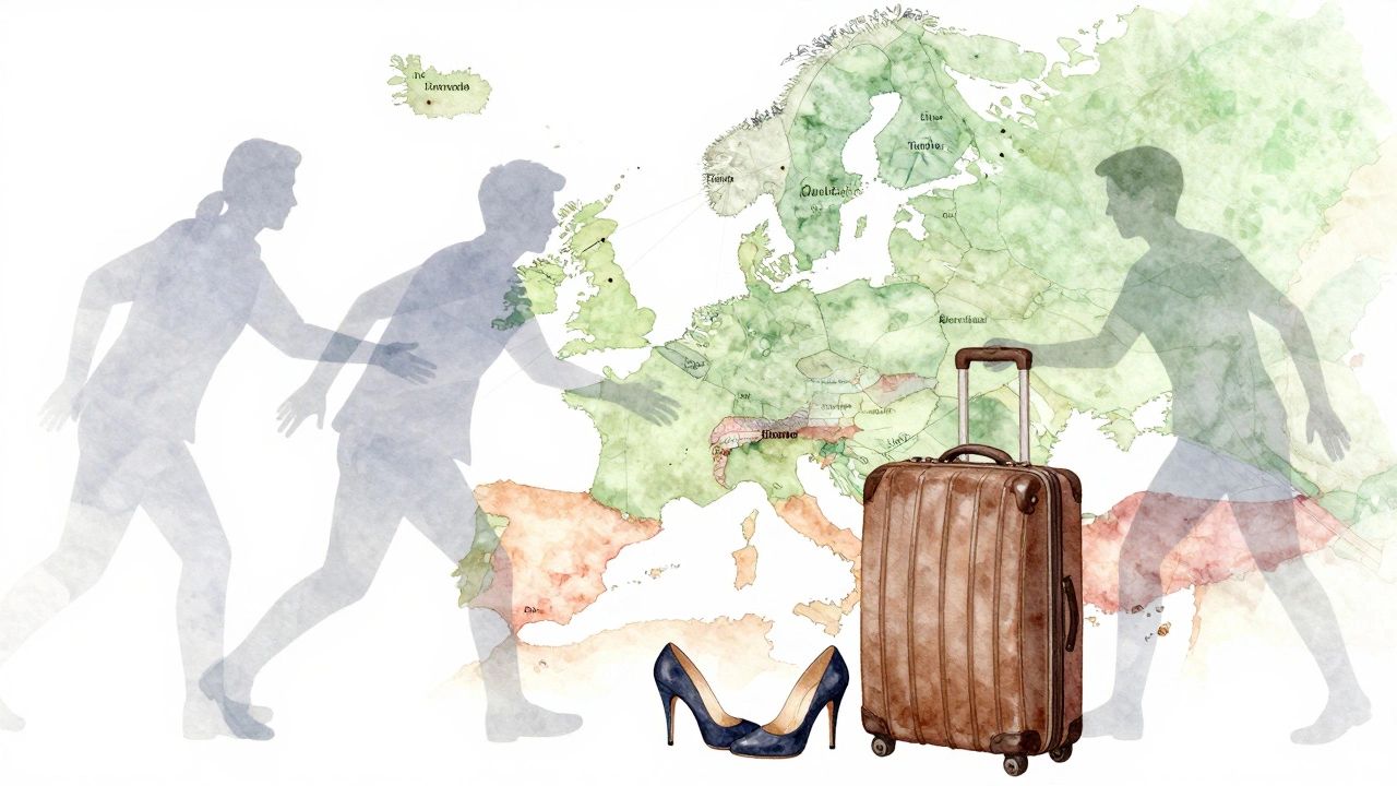 Empty high-heeled shoes beside a suitcase, with faint translucent figures reaching out, overlaid on a fragmented map of European cities.