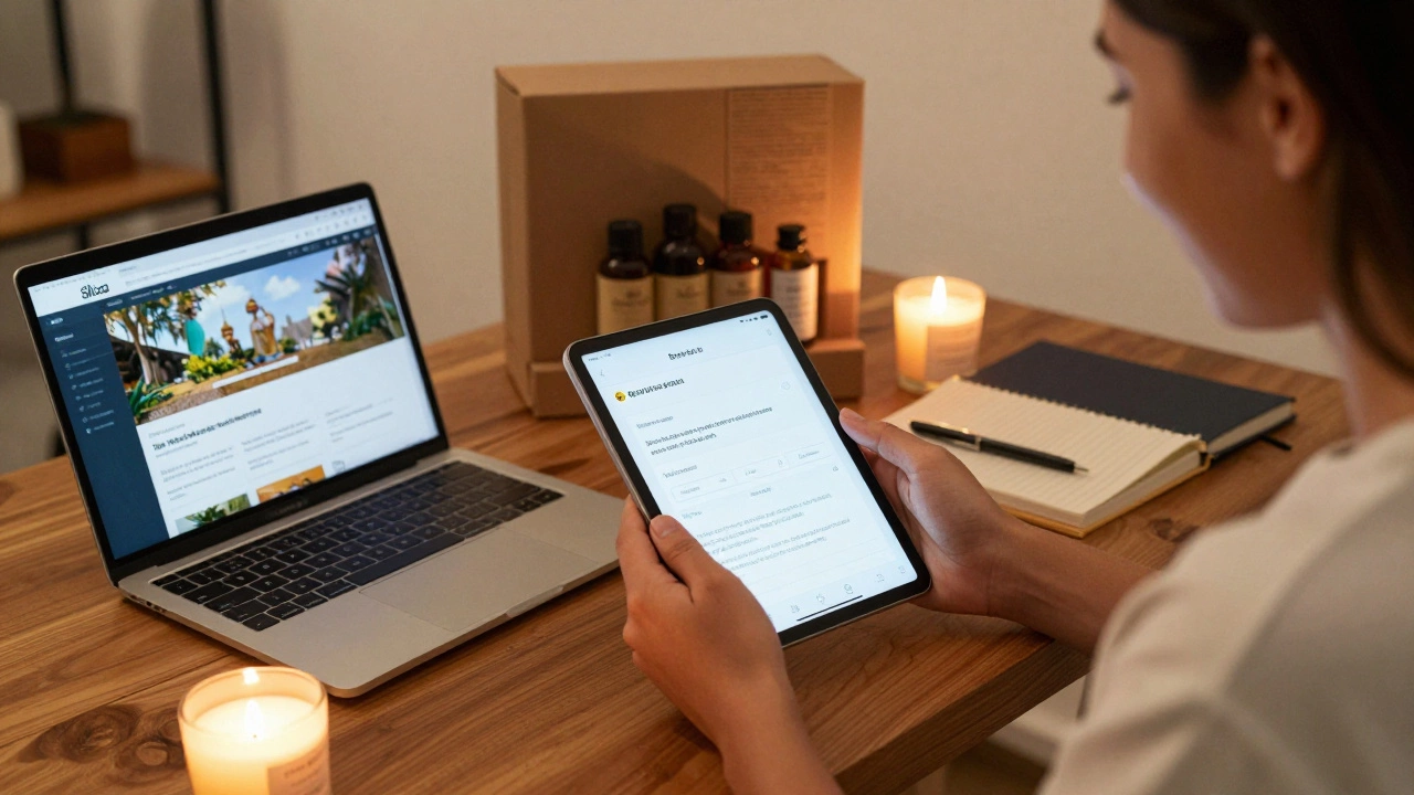 Performer reviewing a wellness retreat booking with Slixa platform visible, calm home studio setting.